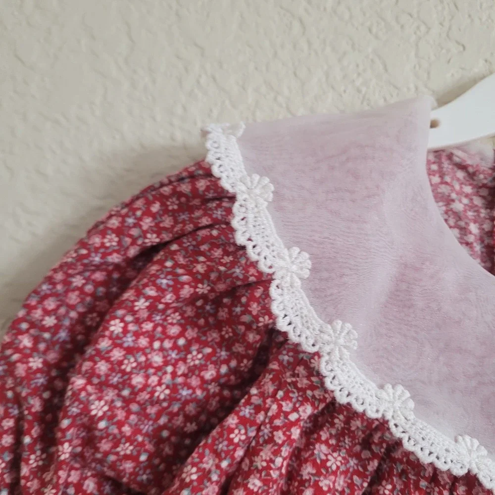 Vintage Sarah Kent 4T Red Floral Puff Sleeve Dress Lace Collared Bow Cottagecore